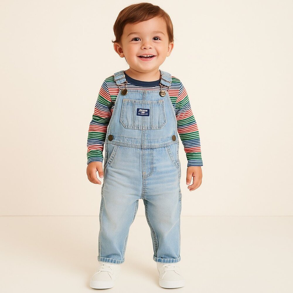 OshKosh B'Gosh Light-Medium Wash Adjustable Snap Crotch Bib Overalls Boys 24M